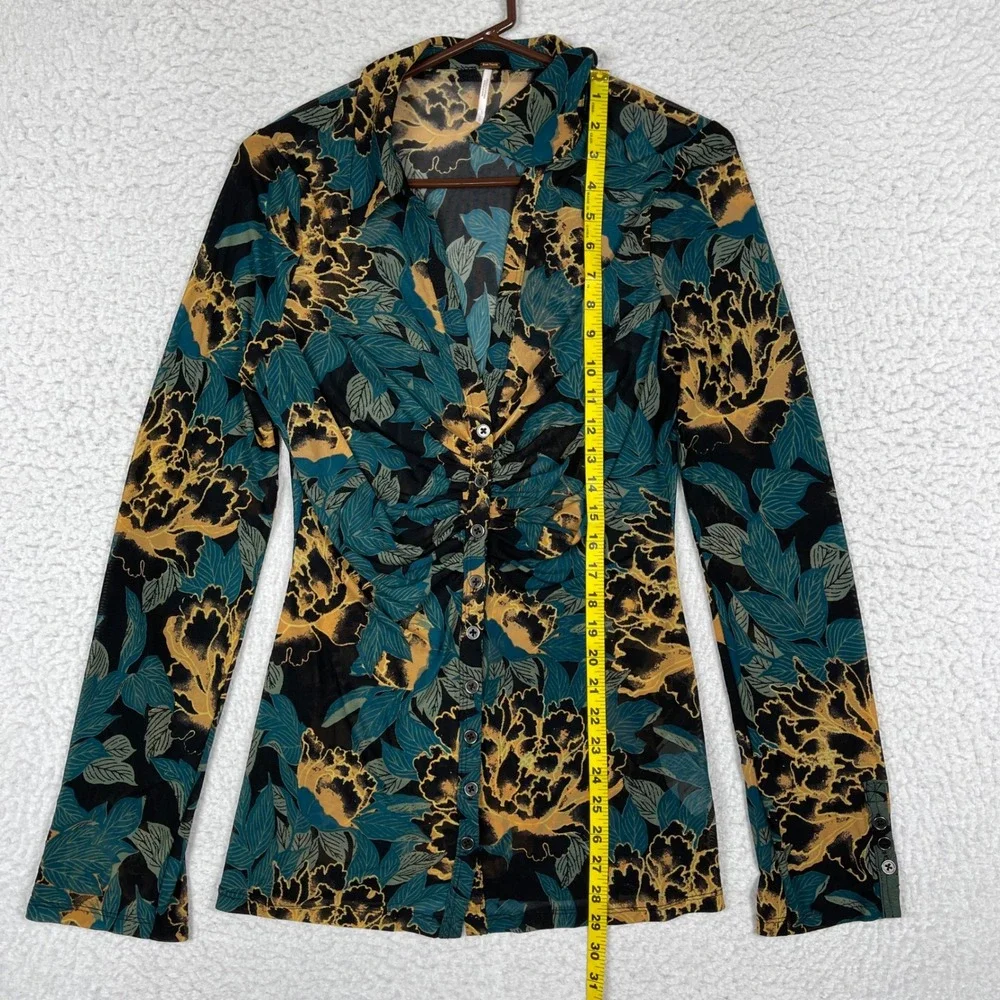 Free People Mesh Top Womens‎ Large Teal Gold Floral Ruched Front Whimsigoth Boho
